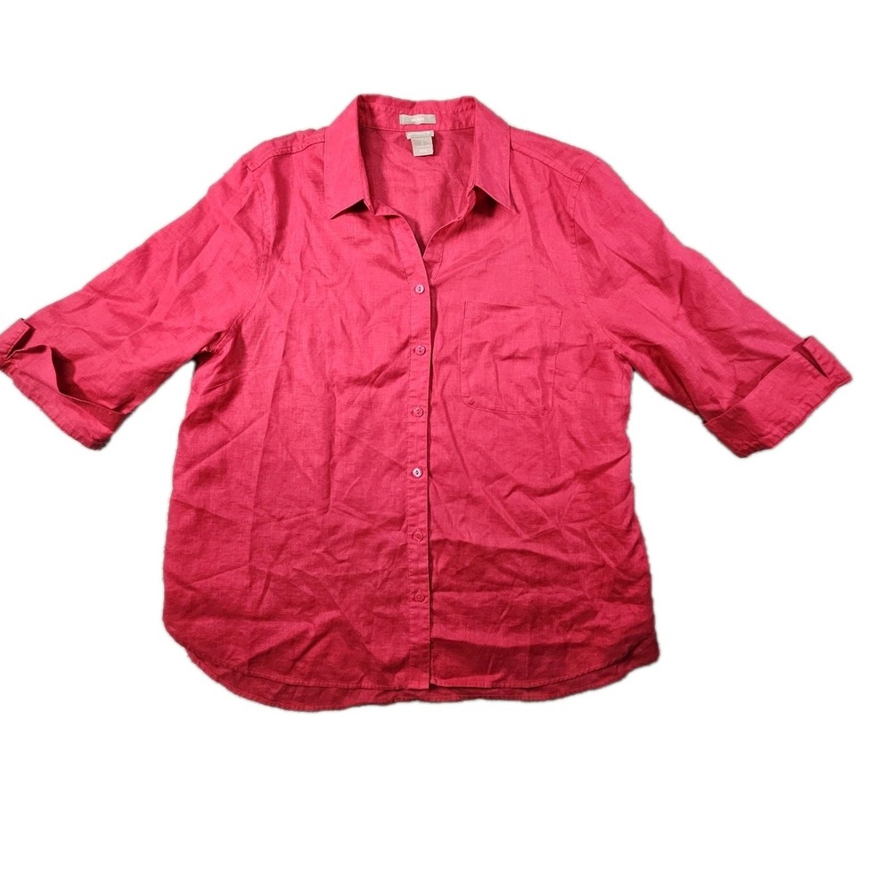 Chico's Button Down Top Womens 16/18 Fuchsia Pink No Iron Roll Tab 100% Linen